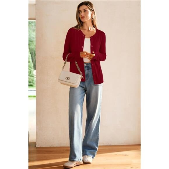 Women's Wool Blended Cardigan Sweaters Lightweight Red - Picture 6 of 6